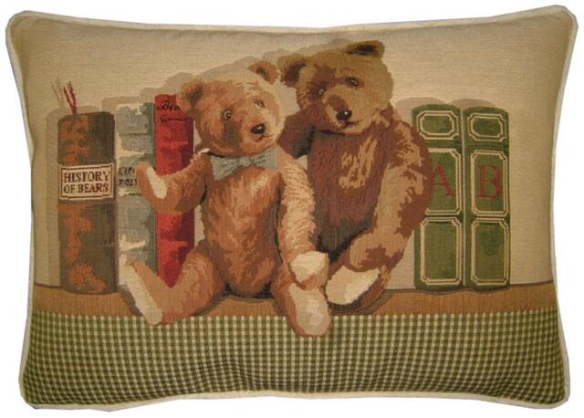 2 Teddy Bears Bookshelf Oblong Woven Tapestry Cushion Pillow Cover - image 1