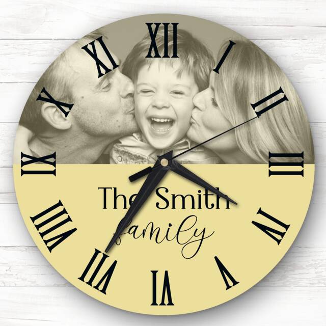 Yellow Semicircle Photo Family Name Personalised Gift Clock - image 1