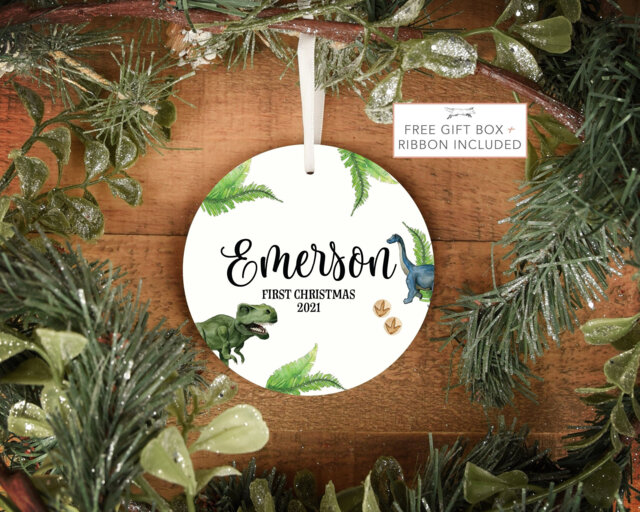 Dinosaur Baby First Christmas Ornament, Personalized T Rex Boy Holiday Ornament - image 1