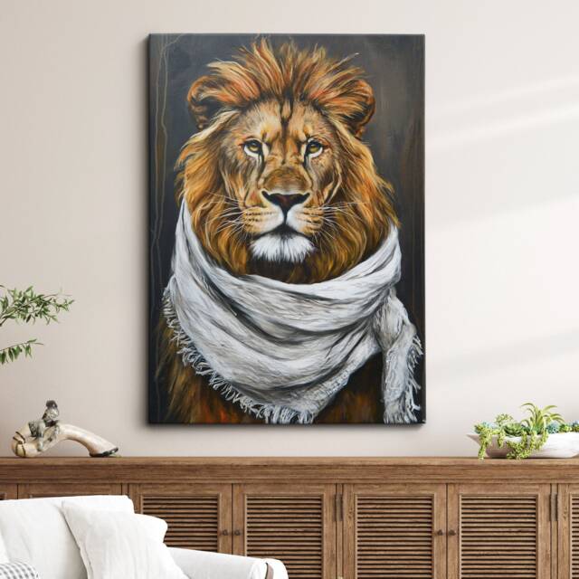 Lion Wearing Beige Scarf Framed Poster Print & Canvas Wall Decor Art Oil Painting Bedroom Home Living Room Funny Animal Lover Gift - image 1