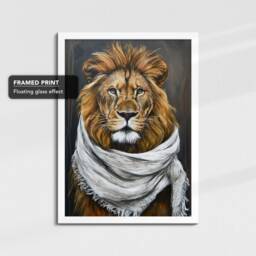 Lion Wearing Beige Scarf Framed Poster Print & Canvas Wall Decor Art Oil Painting Bedroom Home Living Room Funny Animal Lover Gift - thumbnail 3