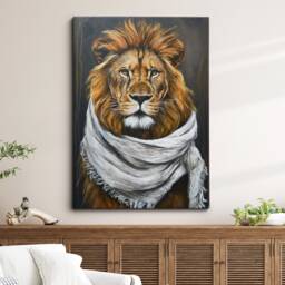 Lion Wearing Beige Scarf Framed Poster Print & Canvas Wall Decor Art Oil Painting Bedroom Home Living Room Funny Animal Lover Gift