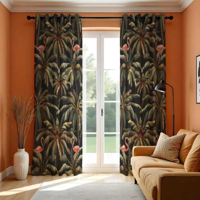 Dark Tropical Curtains, Flamingo & Palm Tree Print Drapes, Jungle Botanical Window Panels, Custom Curtain Sizes For Living Room Decor - image 1
