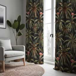 Dark Tropical Curtains, Flamingo & Palm Tree Print Drapes, Jungle Botanical Window Panels, Custom Curtain Sizes For Living Room Decor - thumbnail 4