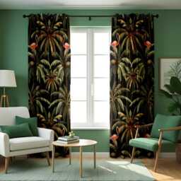 Dark Tropical Curtains, Flamingo & Palm Tree Print Drapes, Jungle Botanical Window Panels, Custom Curtain Sizes For Living Room Decor - thumbnail 2
