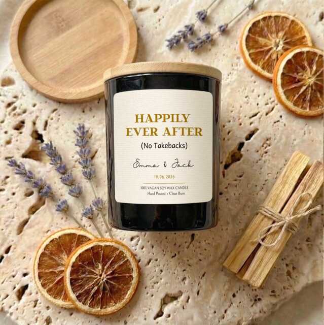 Personalised Wedding Candle Gift Set, Happily Ever After, Custom Names Date, Vegan Soy Wax - image 1