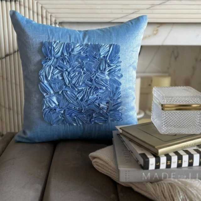 Ribbon Embroidered Solid Pattern, Sky Blue Art Silk 24x24/26x26 Modern Euro Sham - Love - image 1