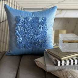 Ribbon Embroidered Solid Pattern, Sky Blue Art Silk 24x24/26x26 Modern Euro Sham - Love - thumbnail 1