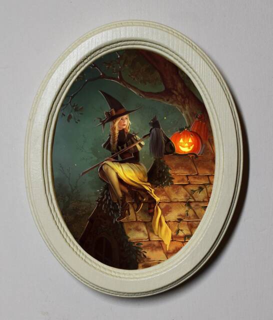 Halloween Witch On Roof Art Print, Ivory Oval Wood Frame - image 1
