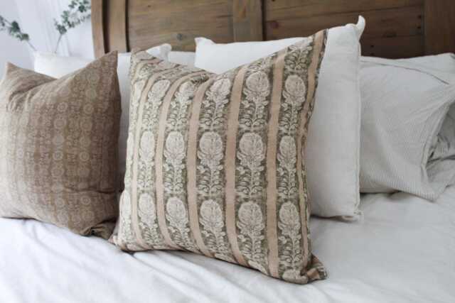 Floral Green Cushion With Duck Feather Insert - Beige & Olive Botanical Print Throw Pillow - image 1