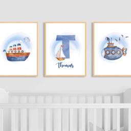 Watercolor Nautical Nursery Prints Submarine, Boat Wall Art - thumbnail 3