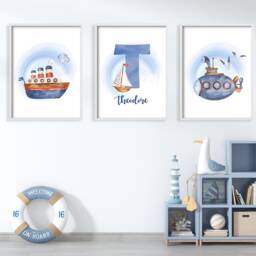 Watercolor Nautical Nursery Prints Submarine, Boat Wall Art - thumbnail 2