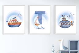 Watercolor Nautical Nursery Prints Submarine, Boat Wall Art - thumbnail 1