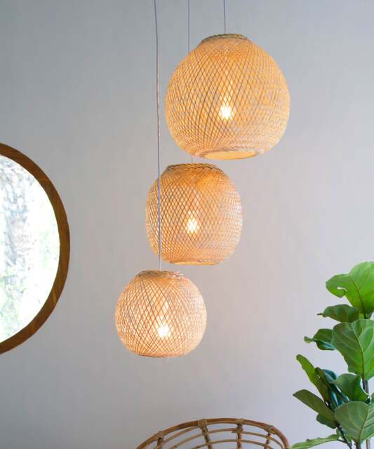 Bamboo Pendant Light - Triple Sphere Cluster, Woven Hanging Lamp - image 1