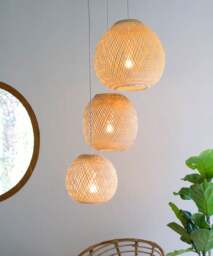Bamboo Pendant Light - Triple Sphere Cluster, Woven Hanging Lamp - thumbnail 1
