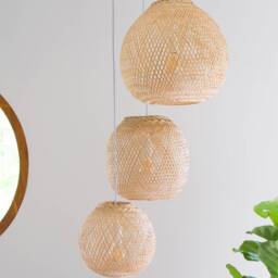 Bamboo Pendant Light - Triple Sphere Cluster, Woven Hanging Lamp - thumbnail 3
