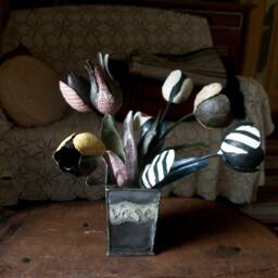 Motley Metal Bouquet Of 6 Metal Flowers, 6Th Anniversary, Iron Tulips, Hand Painted Sculpture. Whimsical Art By The Steel Style Things - thumbnail 3