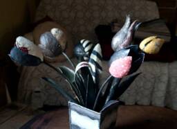 Motley Metal Bouquet Of 6 Metal Flowers, 6Th Anniversary, Iron Tulips, Hand Painted Sculpture. Whimsical Art By The Steel Style Things