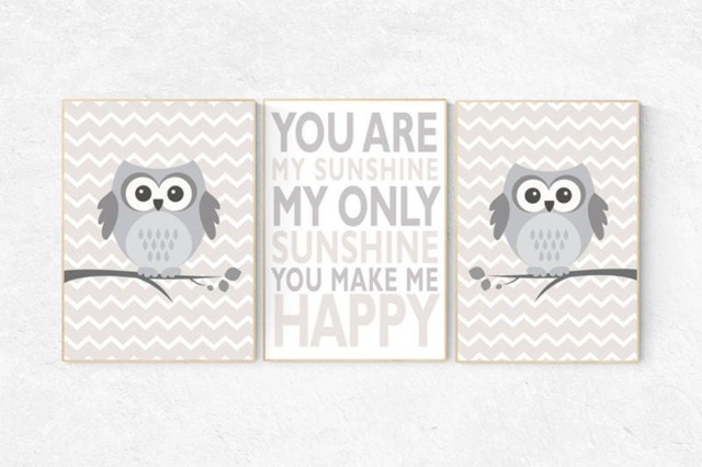 Owl Nursery Print You Are My Sunshine, Beige & Gray Wall Art - image 1