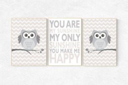 Owl Nursery Print You Are My Sunshine, Beige & Gray Wall Art - thumbnail 1