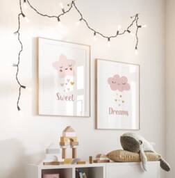 Sweet Dreams Print Girl Nursery Wall Art, Prints Girls Bedroom Decor, Star & Cloud Nursery, Decor - thumbnail 1
