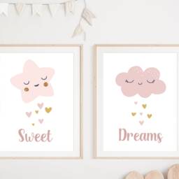 Sweet Dreams Print Girl Nursery Wall Art, Prints Girls Bedroom Decor, Star & Cloud Nursery, Decor - thumbnail 3