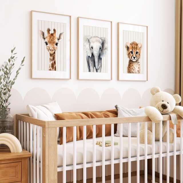 Safari Nursery Prints Beige Jungle Animals, Gender Neutral Decor - image 1