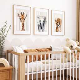 Safari Nursery Prints Beige Jungle Animals, Gender Neutral Decor - thumbnail 1