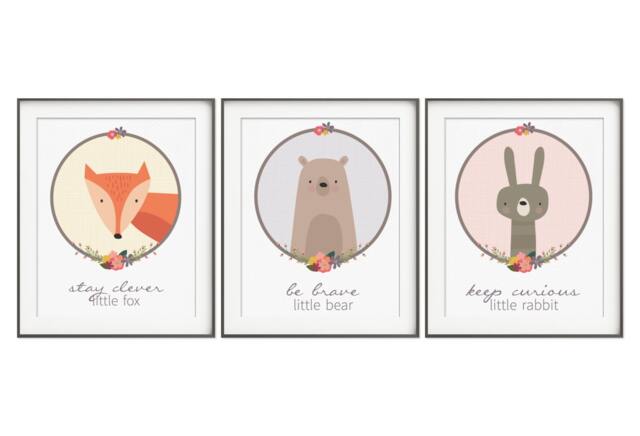 Woodland Nursery Animals, Baby Room Decor, Forest Animal Prints, Wall Art, Set Of 3 - Fox, Bear, Rabbit - image 1