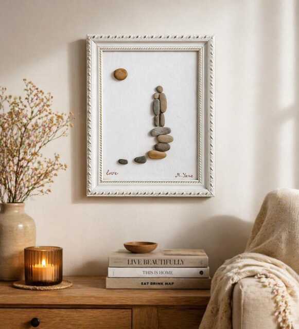 Pebble Art Wall Decor, Couple Stone Frame, Handmade Love Gift, Romantic Home Anniversary Gift For Her, Unique Picture - image 1