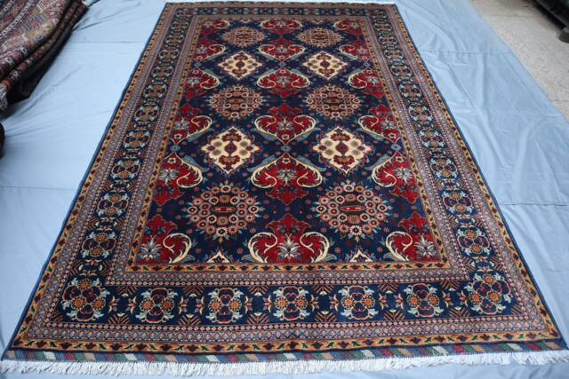 7x10 Navy Blue Floral Rug, Afghan Hand Knotted Organic Dyes Wool Area Geometric Kazak Design Turkmen Living Room Bedroom Rug - image 1