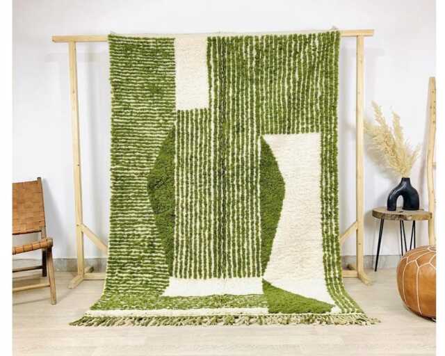 Moss Green & Cream Abstract Geometric Moroccan Rug - Handmade Berber Shag Carpet Large Area Sage Wool Decor - image 1