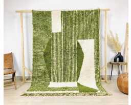 Moss Green & Cream Abstract Geometric Moroccan Rug - Handmade Berber Shag Carpet Large Area Sage Wool Decor - thumbnail 1