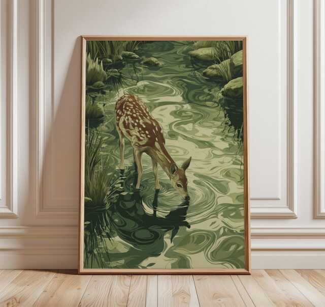 Deer Forest Poster, Botanical Nature Art Print in Modern Illustration Style - image 1
