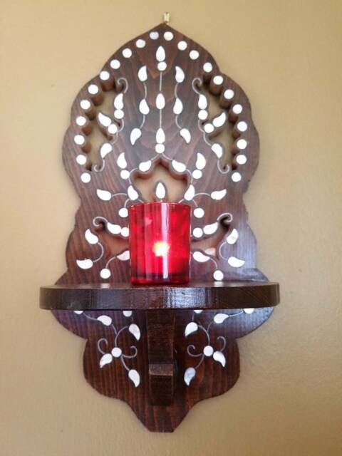 Handmade Walnut Candle Holder, Mother Of Pearl Inlay, Syrian Sconce - image 1