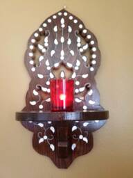 Handmade Walnut Candle Holder, Mother Of Pearl Inlay, Syrian Sconce