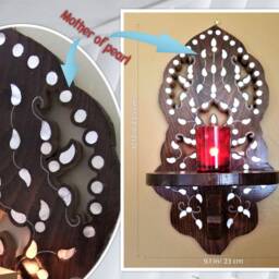 Handmade Walnut Candle Holder, Mother Of Pearl Inlay, Syrian Sconce - thumbnail 3