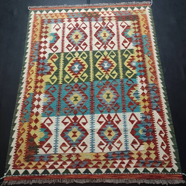 Kilim Rug Tribal, Handmade Artisan Afghan Turkish Aztec Sheep Natural Wool 202x154 cm - image 1