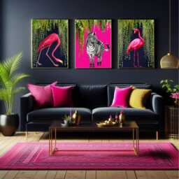 Tropical Flamingo & Zebra Wall Art Set Of 3 Prints - Maximalist Jungle Decor Exotic