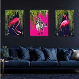 Tropical Flamingo & Zebra Wall Art Set Of 3 Prints - Maximalist Jungle Decor Exotic - thumbnail 3