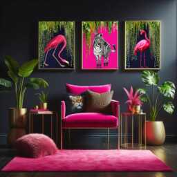 Tropical Flamingo & Zebra Wall Art Set Of 3 Prints - Maximalist Jungle Decor Exotic - thumbnail 2
