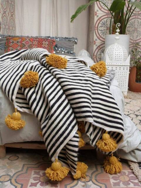 Wool Moroccan Blanket, Bedroom Blanket, Moroccan Pompom Throw Blanket, Bed Spread, Woven Blanket, Bed With Tassel - image 1