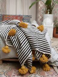 Wool Moroccan Blanket, Bedroom Blanket, Moroccan Pompom Throw Blanket, Bed Spread, Woven Blanket, Bed With Tassel - thumbnail 1