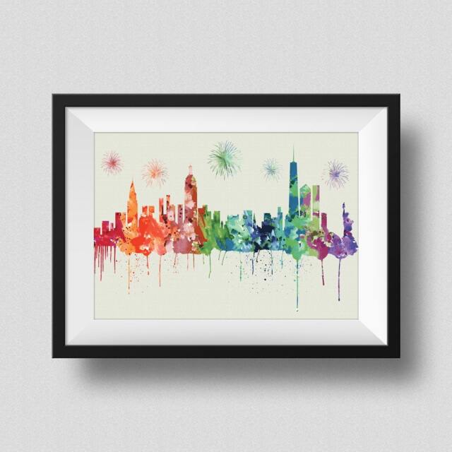 New York City Skyline Rainbow Watercolor Map Art Print With Firework Ink Splash Poster Canvas