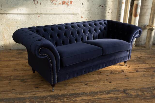British Handmade 3 Seater Navy Blue Velvet Fabric Chesterfield Sofa - image 1