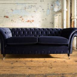 British Handmade 3 Seater Navy Blue Velvet Fabric Chesterfield Sofa - thumbnail 2