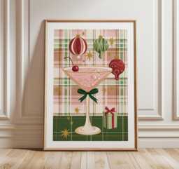 Retro Christmas Cocktail Art Print, Mid Century Holiday Bar Poster, Pink Martini Wall Art, Festive Plaid Home Decor, Vintage Xmas Print - thumbnail 1