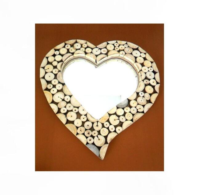 "Handmade Slice Rustic Teak Wood Wall Hanging Heart Shape Mirror Wooden Home Art Decor 13"" X13" - image 1