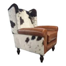 Cowhide Wingback Armchair Queen Anne Style Brown Leather Accent