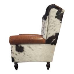 Cowhide Wingback Armchair Queen Anne Style Brown Leather Accent - thumbnail 3